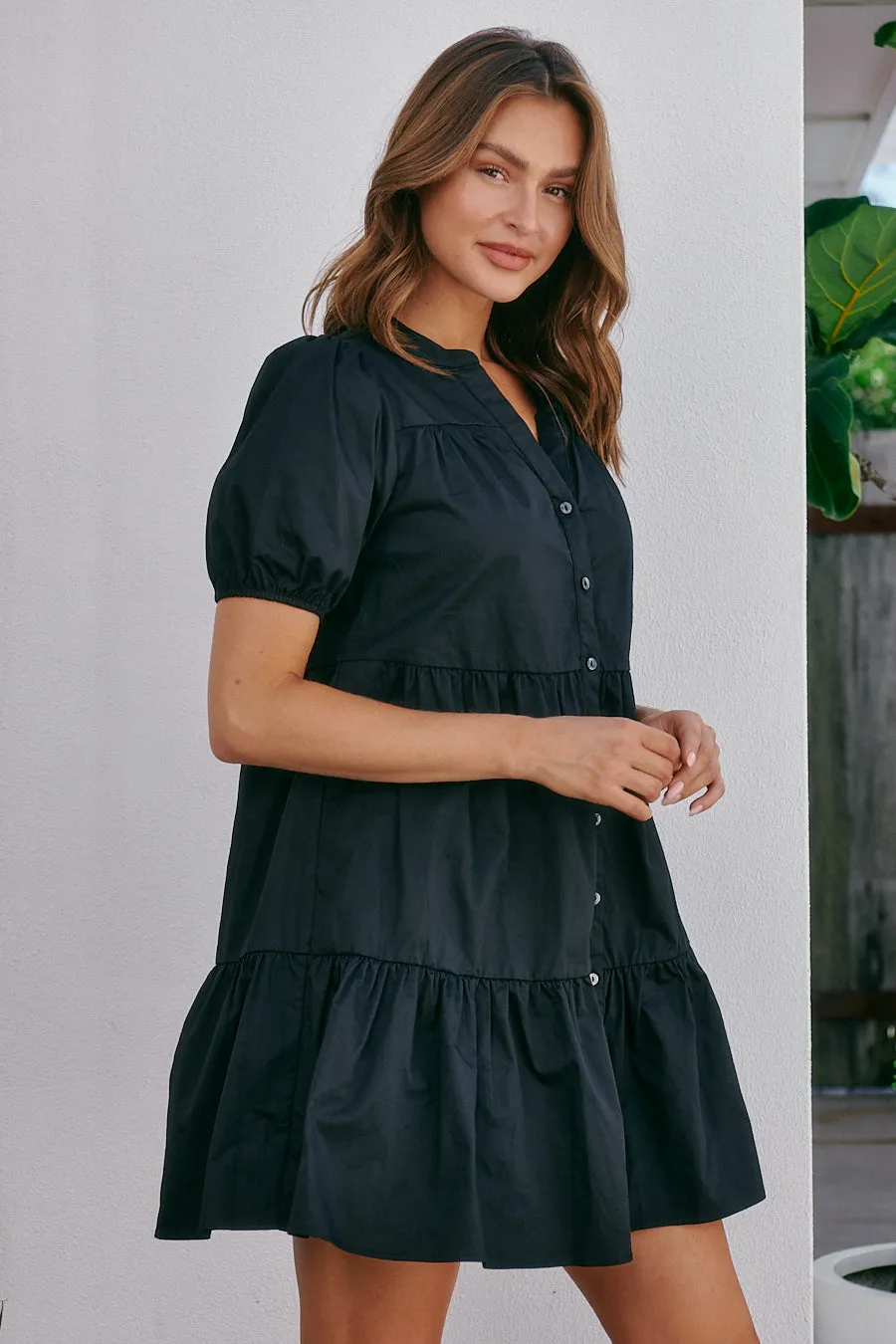 Leticia Cap Sleeve Black Button Dress