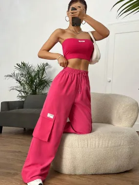 Letter Patched Tube Top And Drawstring Waist Cargo Pants