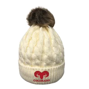 Limited Edition - Red Colorado Bighorn - Cable Knit Pom Pom Beanie - White