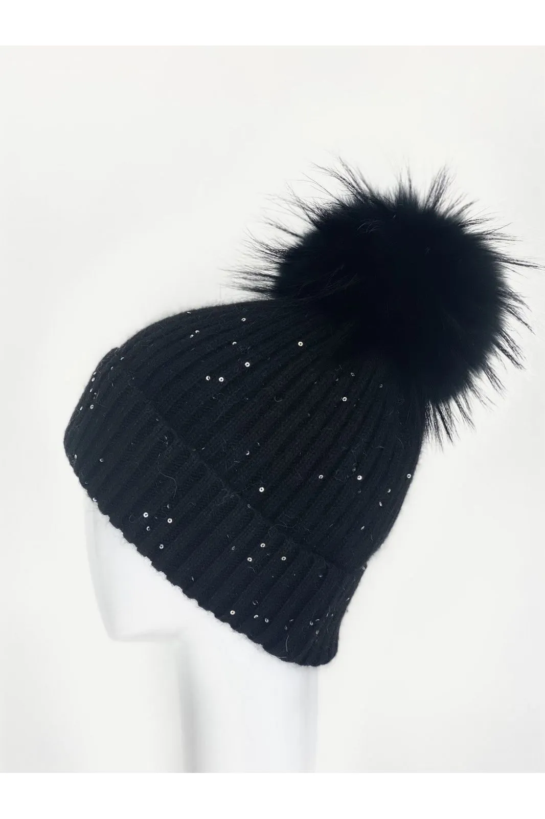 Linda Richards Wool Pom-pom Hat With Sequins HA-62SEQ | Black