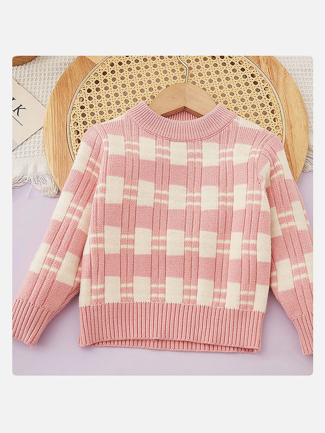 Little Surprise Box Pink & White  Checkered Pull over style 2 pcs top & Skirt Winterwear set- Girls