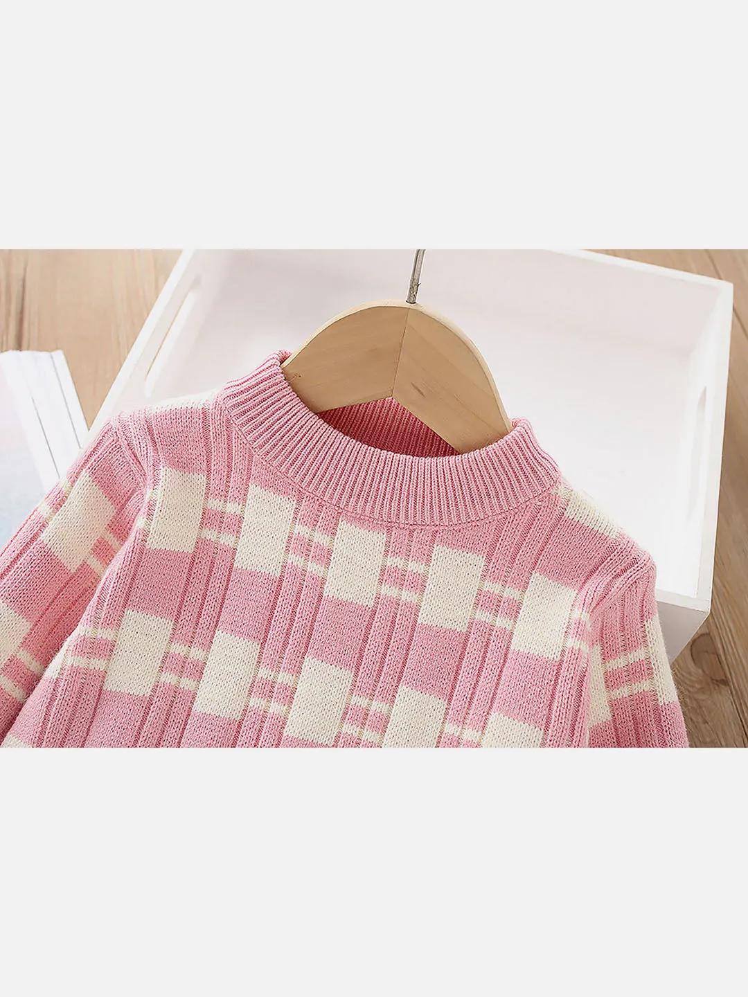 Little Surprise Box Pink & White  Checkered Pull over style 2 pcs top & Skirt Winterwear set- Girls