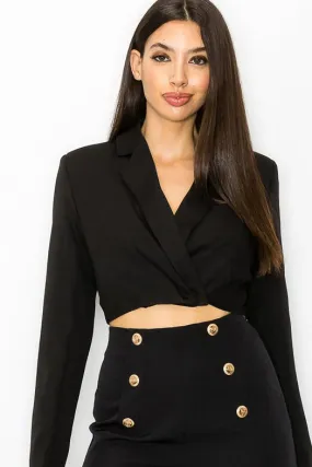 Long Sleeve Cropped Jacket with Collar BLACK