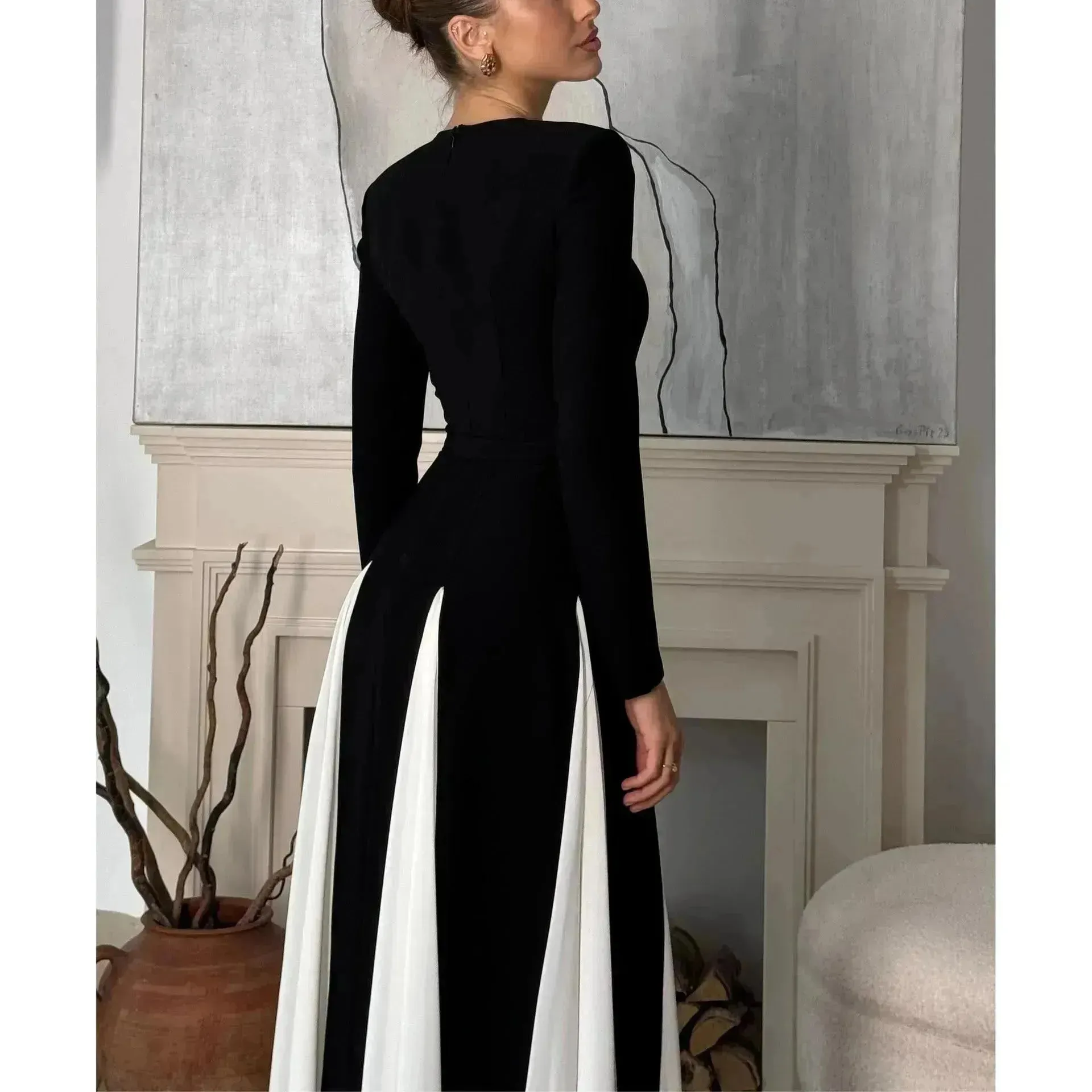 Luxury Classy Women's Black And White Stitching Long Sleeve Dress  Long Skater Dress Flared Dress for Wedding  Evening Party Cocktail Dress