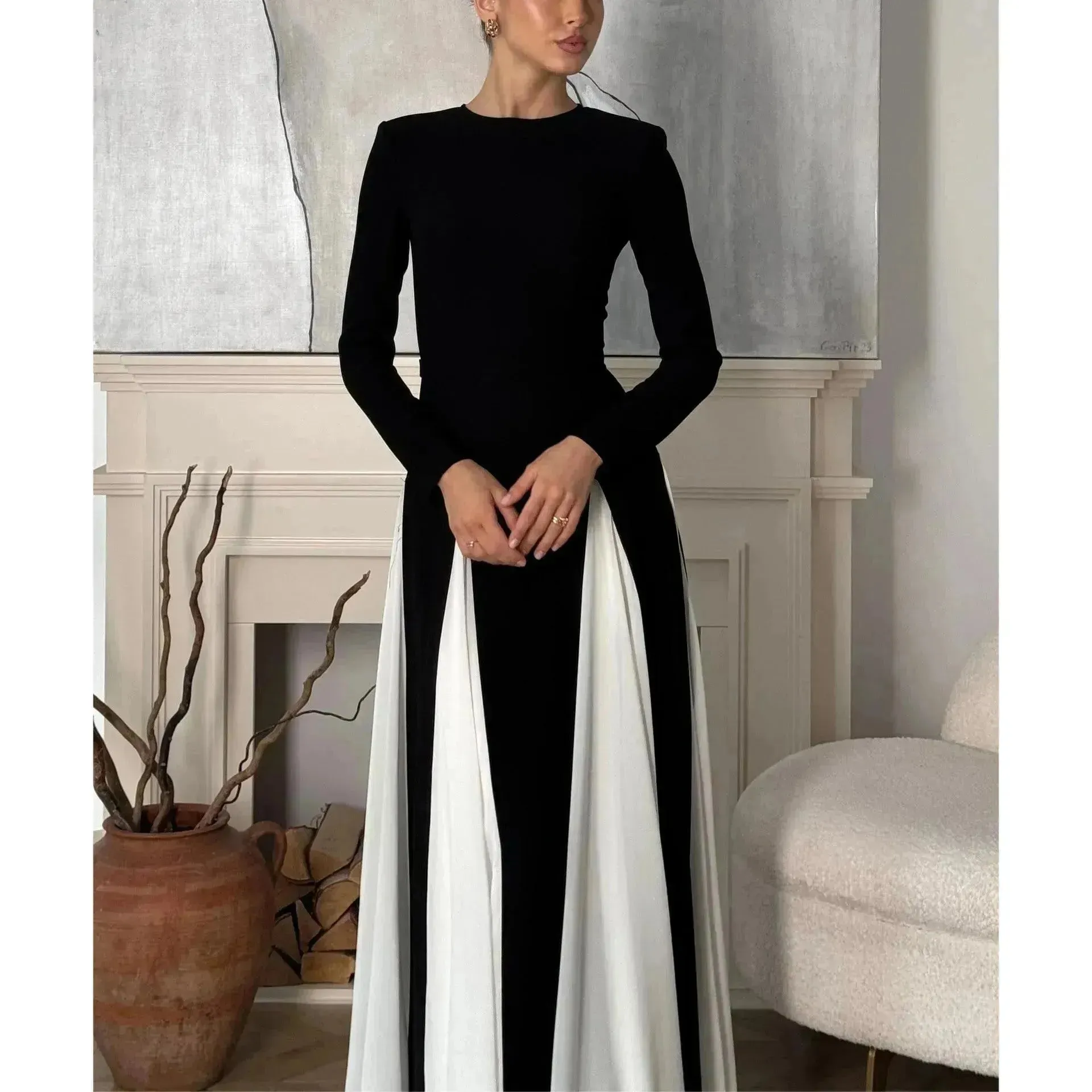 Luxury Classy Women's Black And White Stitching Long Sleeve Dress  Long Skater Dress Flared Dress for Wedding  Evening Party Cocktail Dress