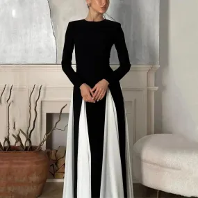 Luxury Classy Women's Black And White Stitching Long Sleeve Dress  Long Skater Dress Flared Dress for Wedding  Evening Party Cocktail Dress