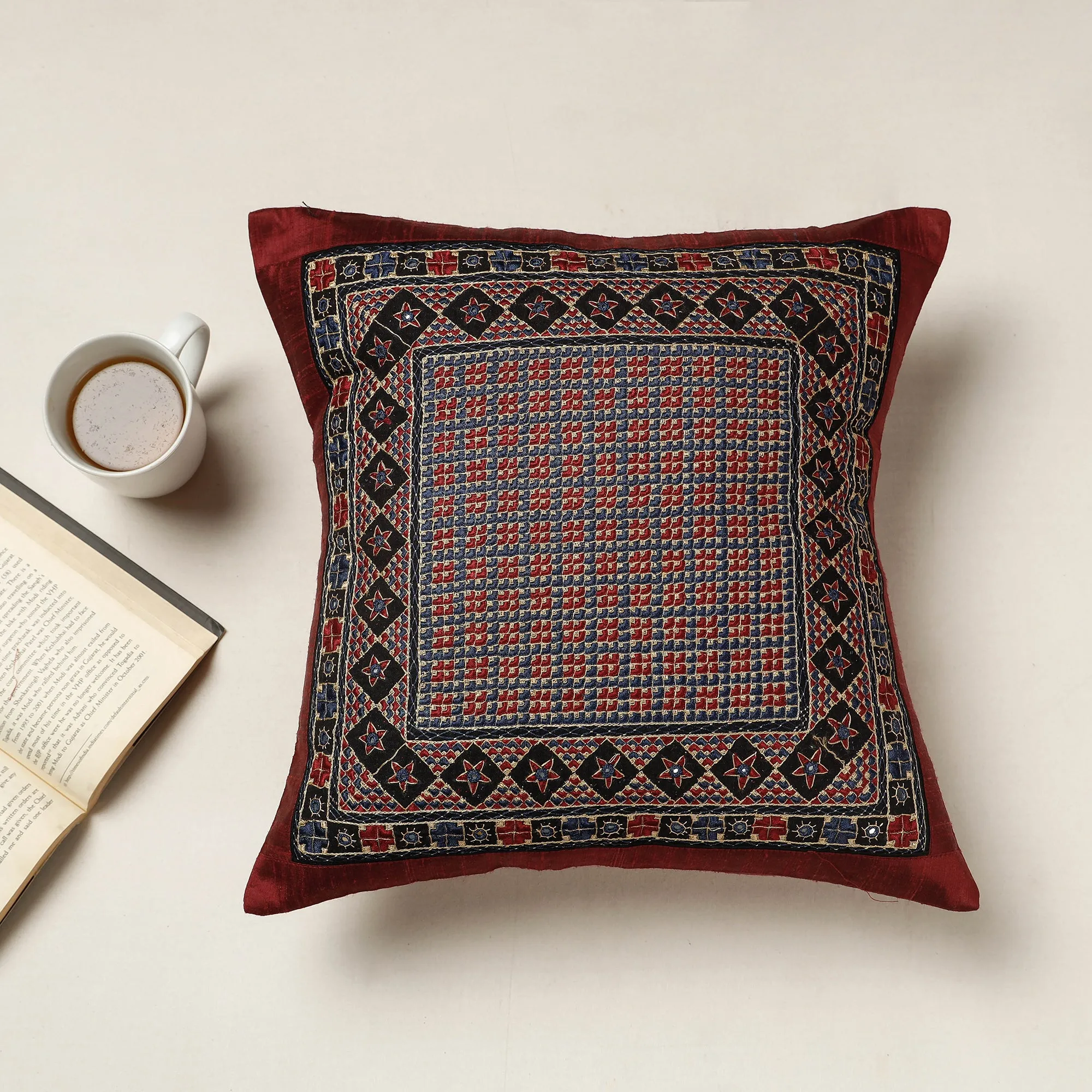 Maroon - Kutch Neran Hand Embroidered Silk Cushion Cover (16 x 16 in)