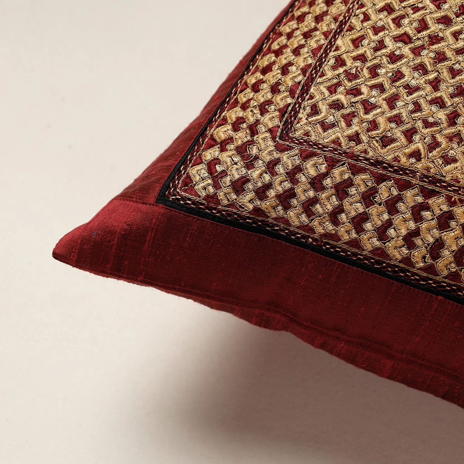 Maroon - Kutch Neran Hand Embroidery Raw Silk Cushion Cover (16 x 16 in)