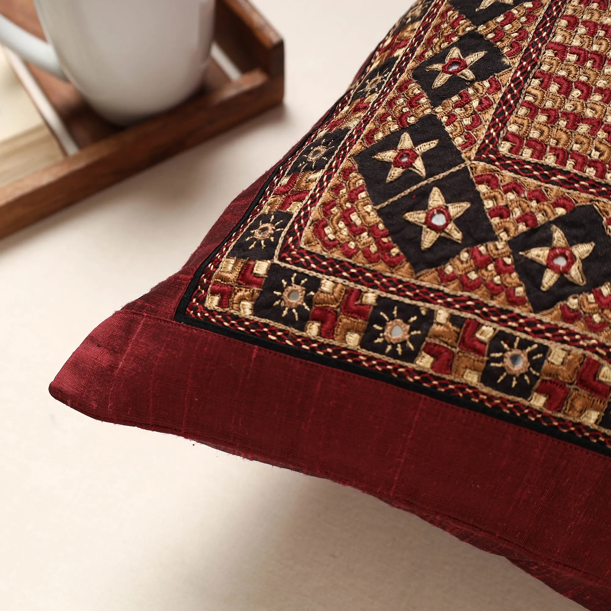 Maroon - Kutch Neran Hand Embroidery Silk Cushion Cover (16 x 16 in)