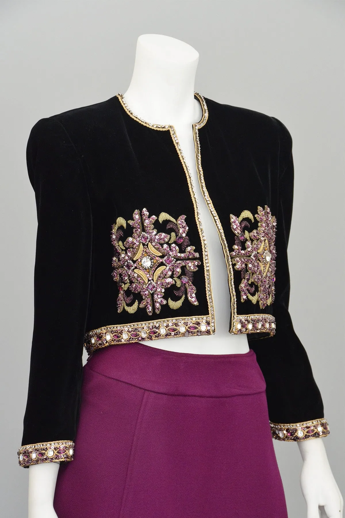 Mary McFadden Plum Velvet Beaded Cropped Evening Jacket