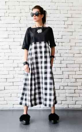 Maxi Checked Dress With Short Sleeves