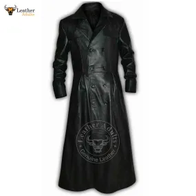 Mens Black Full Long Length Unique Design Leather Coat, Trench Deserter Chester