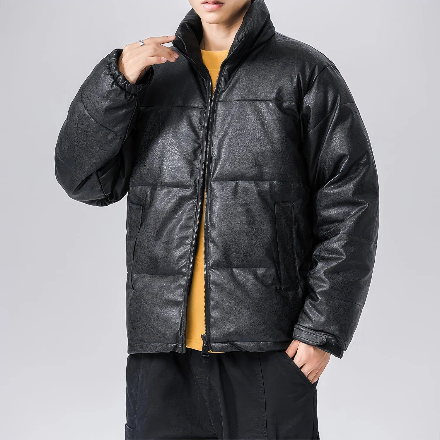 Men’s Black Genuine Sheepskin Stand Collar Winter Warm Casual Baggy Style Padded Puffer Leather Jacket