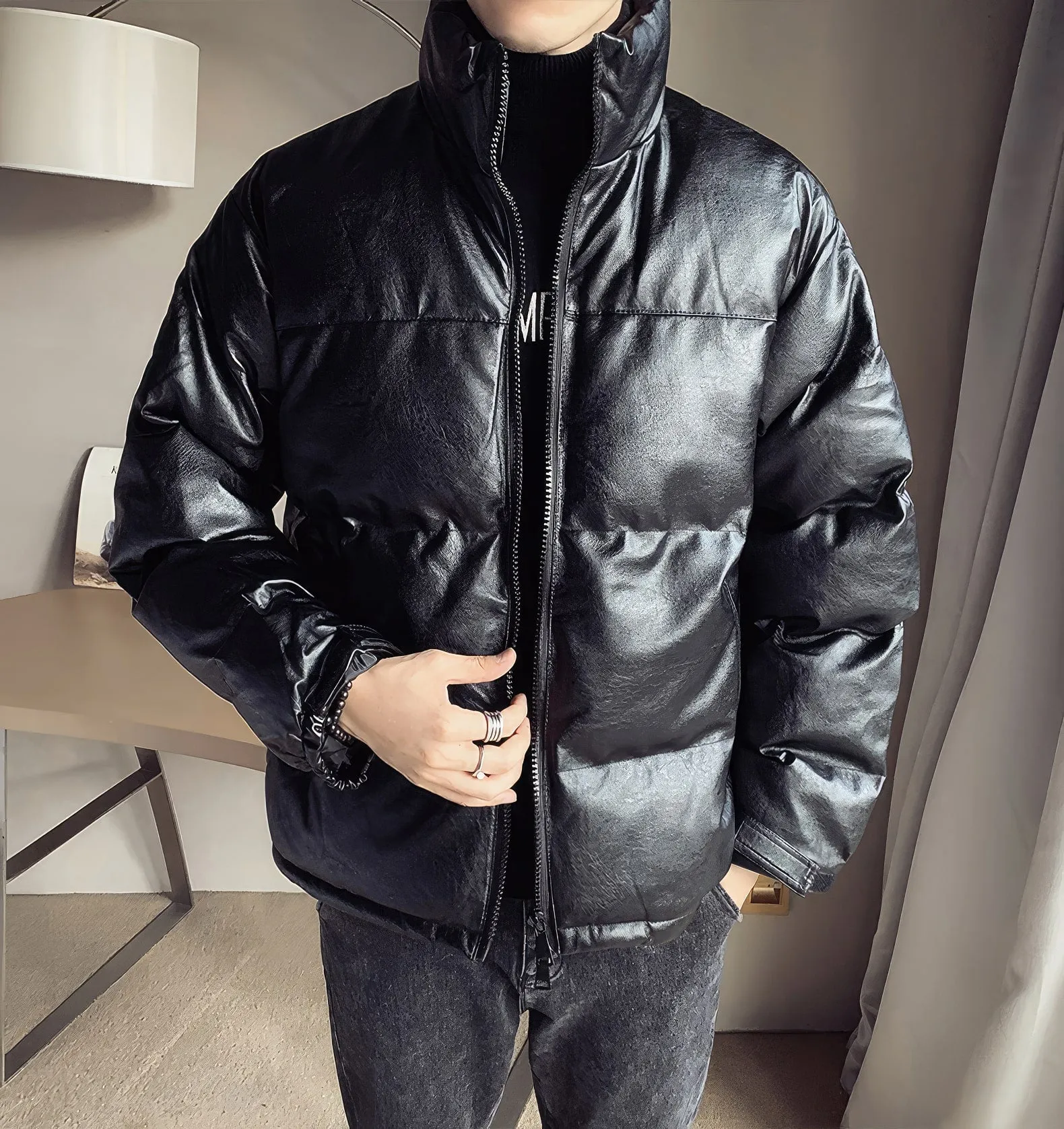 Men’s Black Genuine Sheepskin Stand Collar Winter Warm Casual Baggy Style Padded Puffer Leather Jacket