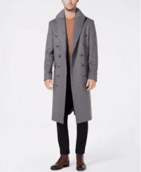 Men's Double Breasted Solid Military Wool Blend Overcoat Grey