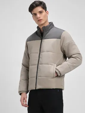 Men's High Neck Regular Fit Colourblock Quilted Cement Jackets