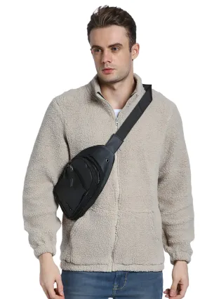 Men's High Neck Regular Fit Solid Fleece Beige Jackets