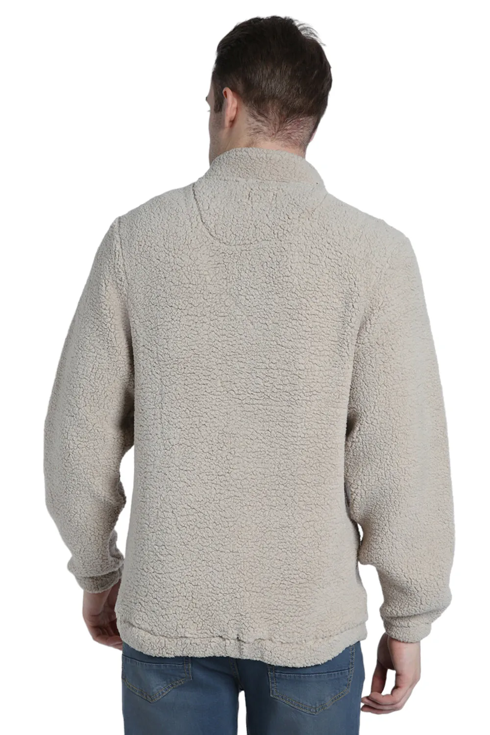 Men's High Neck Regular Fit Solid Fleece Beige Jackets