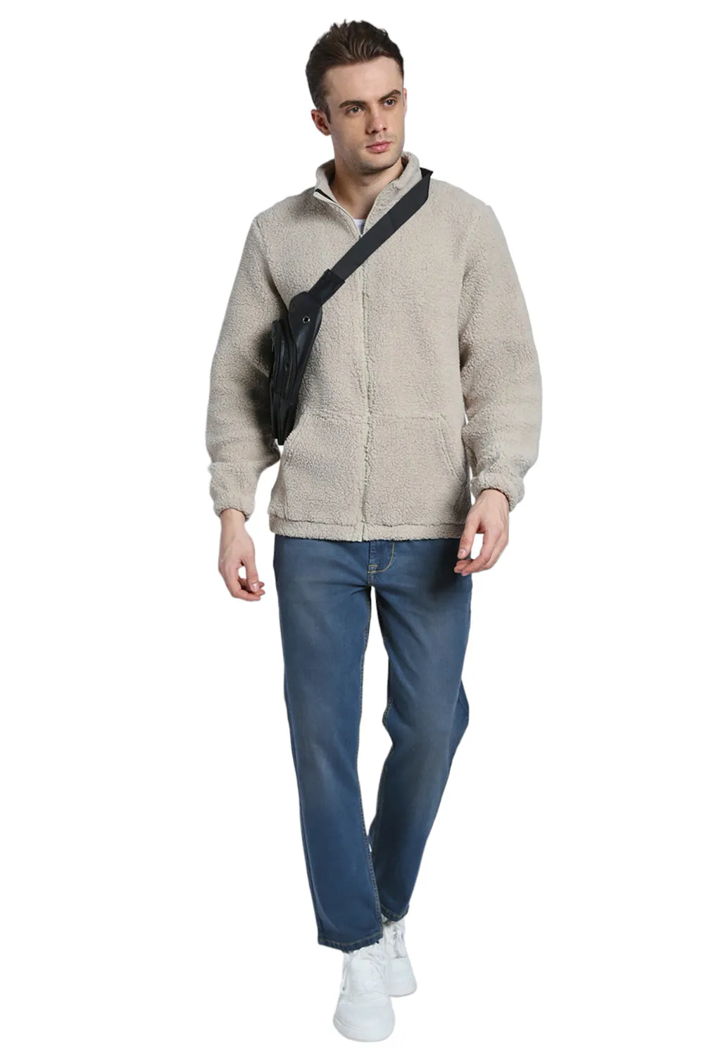 Men's High Neck Regular Fit Solid Fleece Beige Jackets