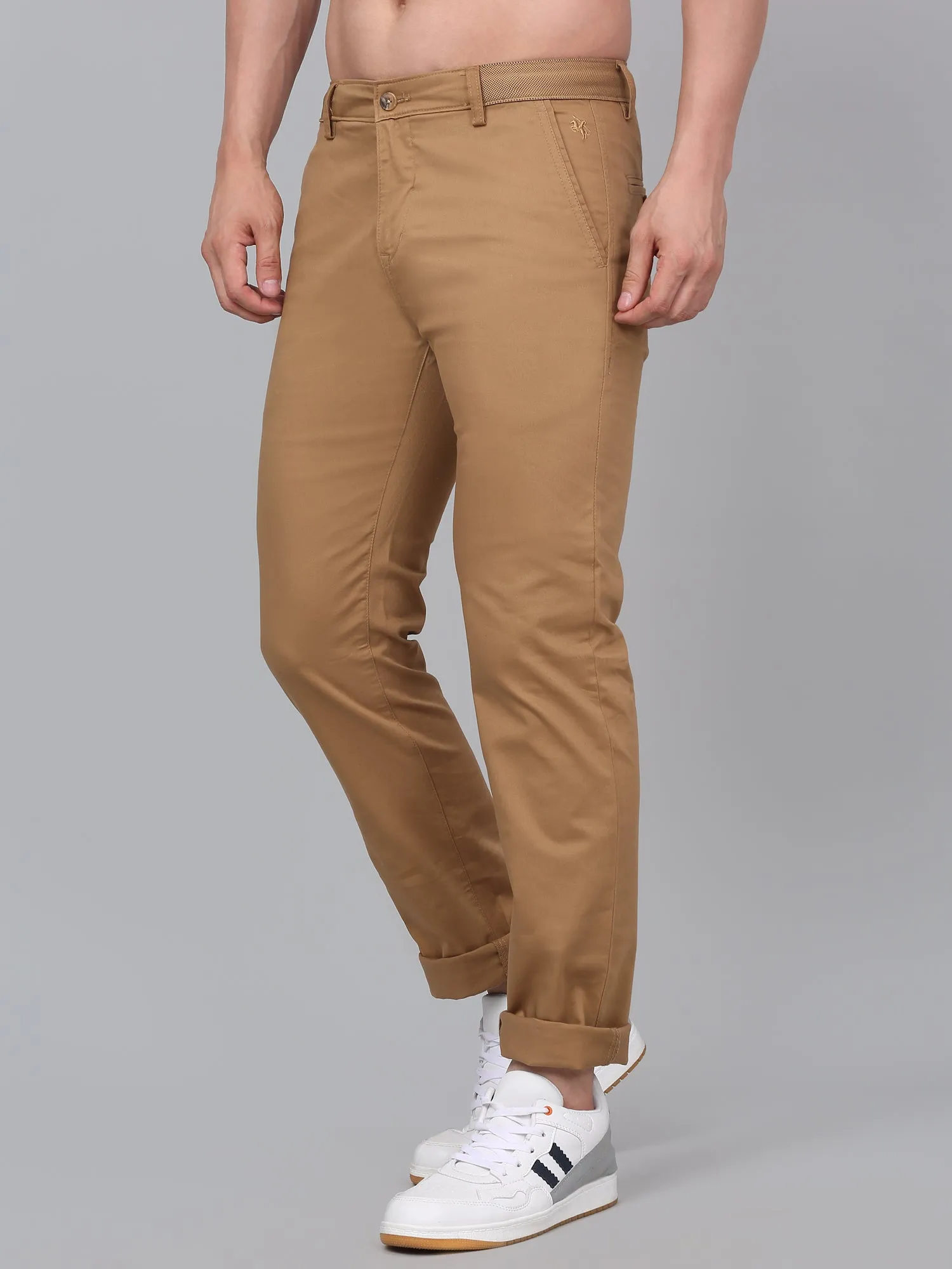 Men's Khaki Self-Design Non-Pleated Stretchable Casual Trouser