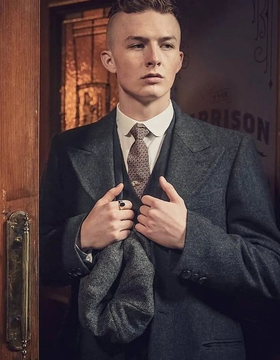 Mens Peaky Blinders Costume Finn Shelby Vested Charcoal Suit & Overcoat