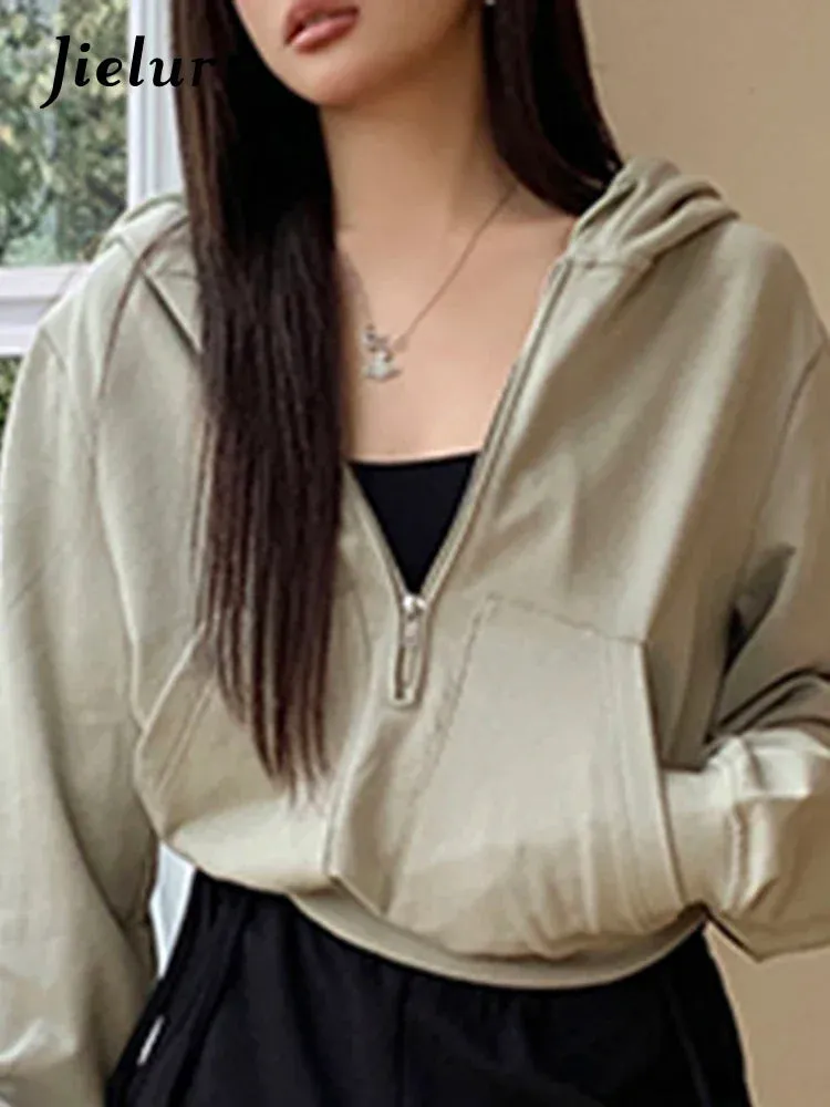 Metaversmall Winter American Hooded Loose Green Female Sweatshirts New Loose Zipper Casual Sexy Fashion Women's Hoodies Office Lady