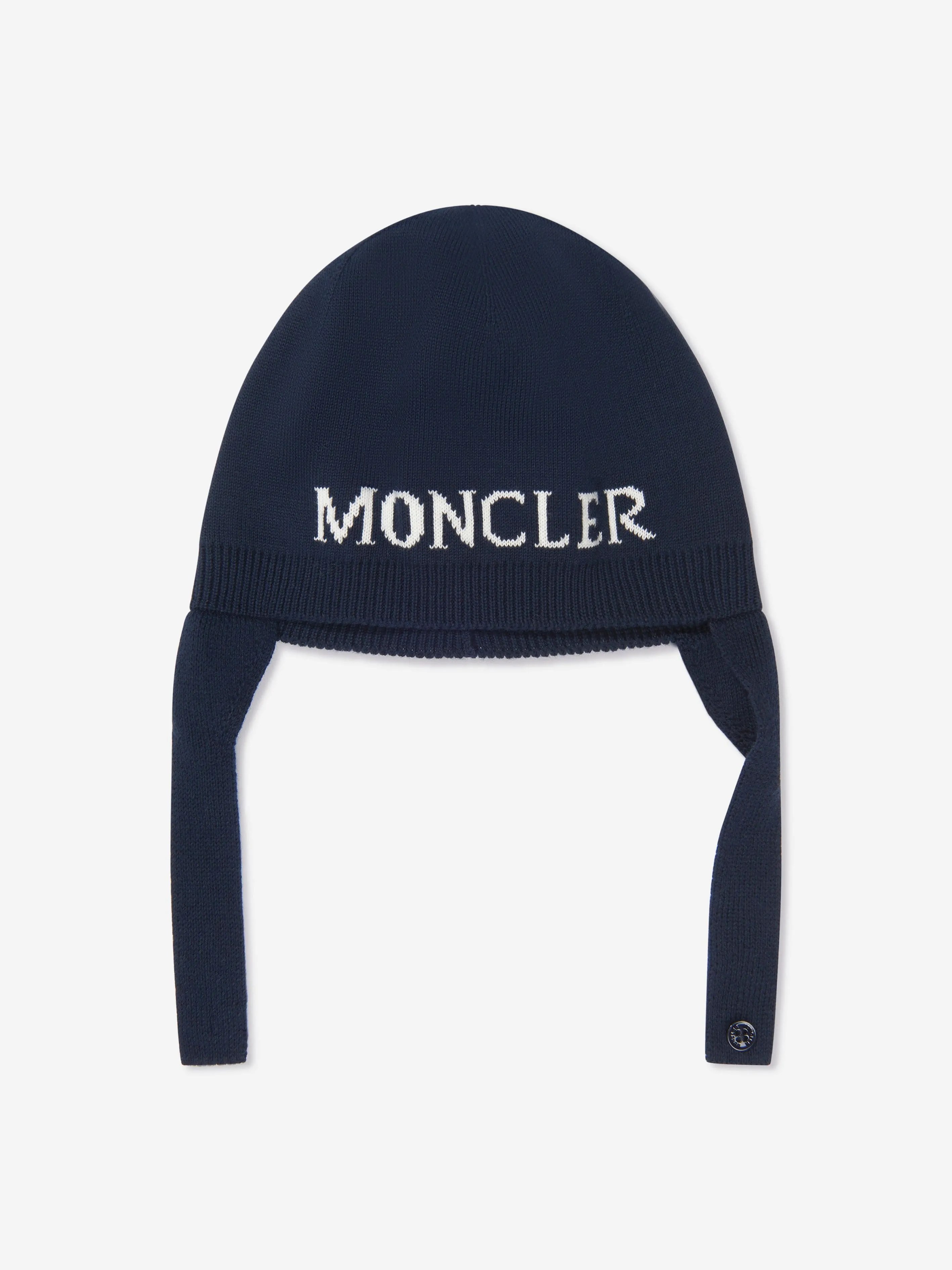 Moncler Enfant Baby Beanie Hat With Chin Strap in Navy