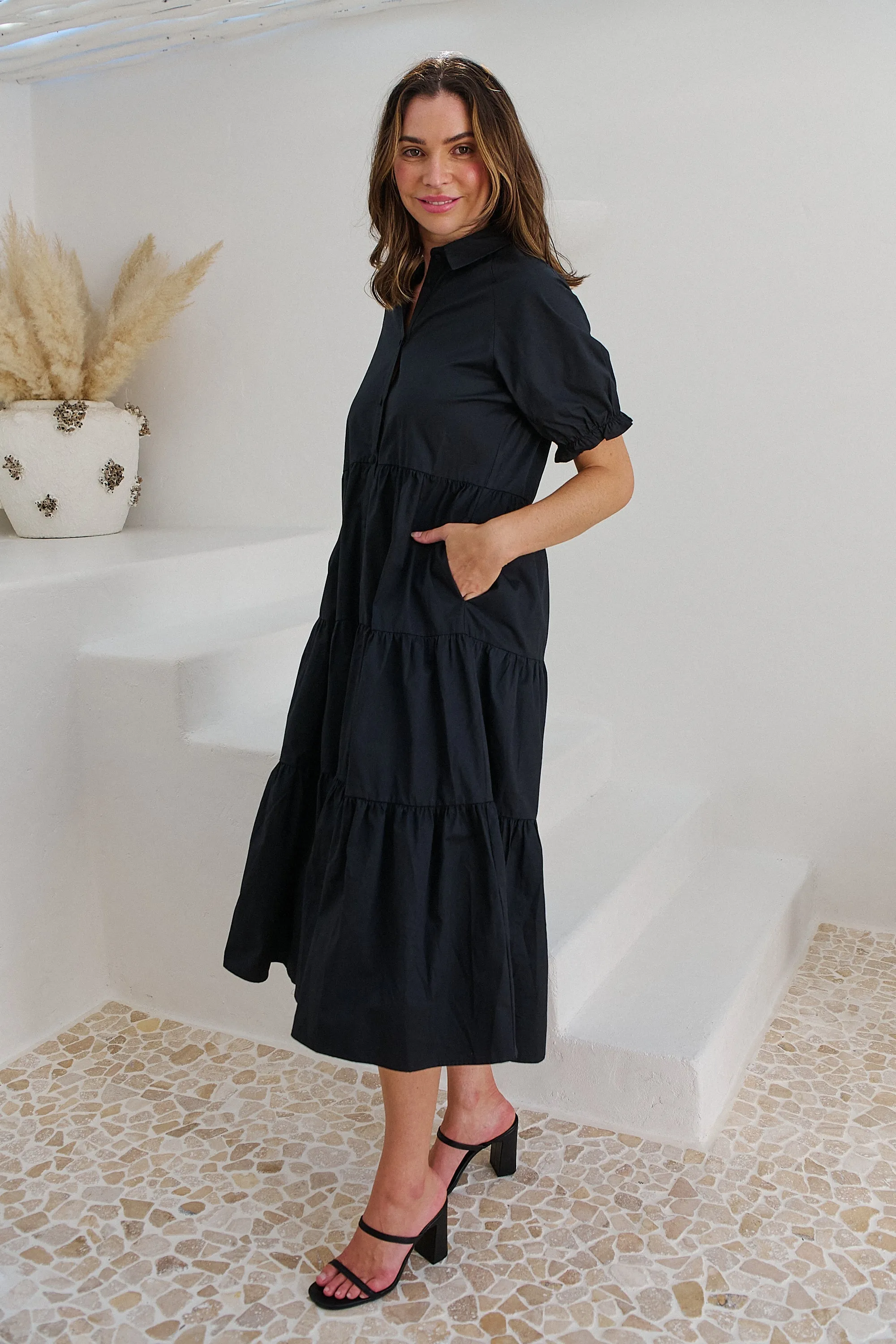 Nyomi Puff Sleeve Black Button Midi Tiered Dress