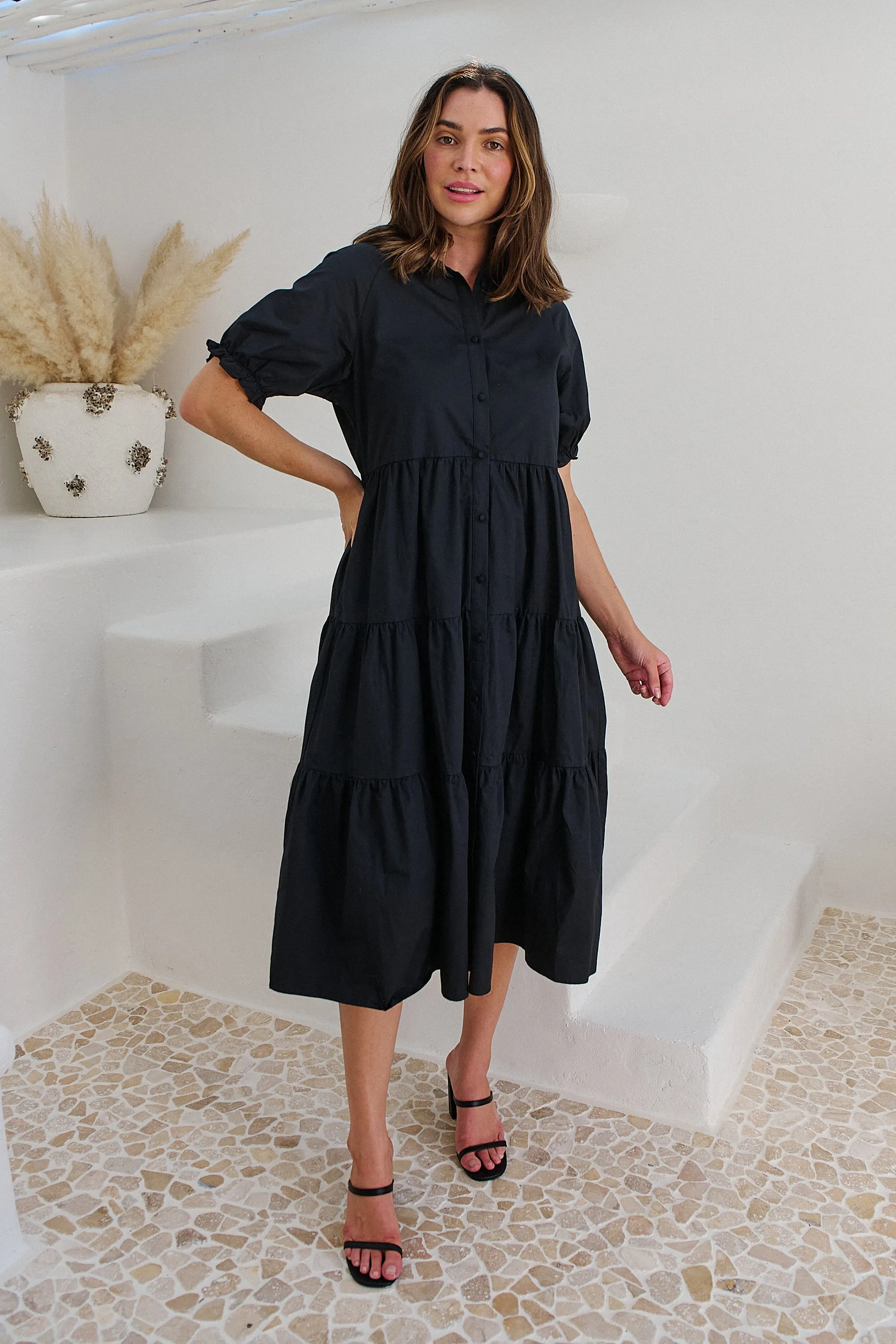 Nyomi Puff Sleeve Black Button Midi Tiered Dress