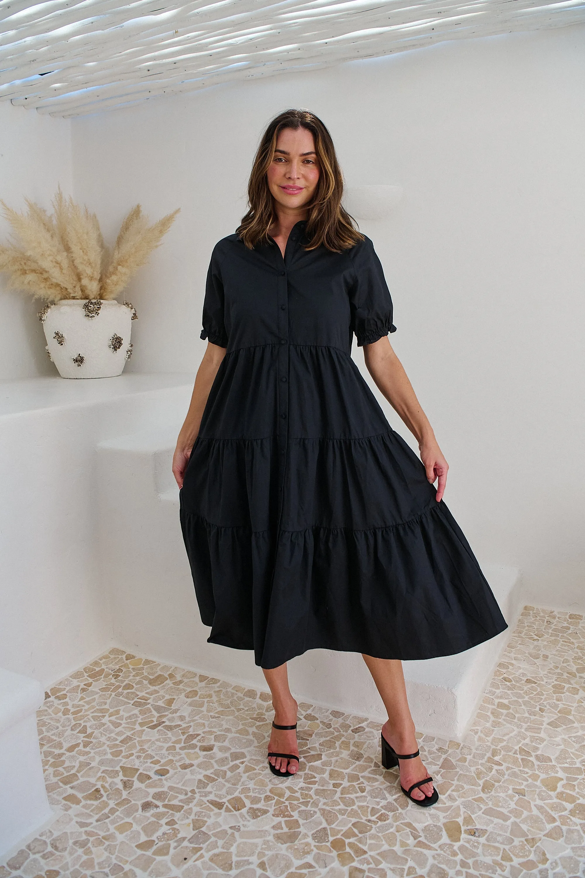 Nyomi Puff Sleeve Black Button Midi Tiered Dress