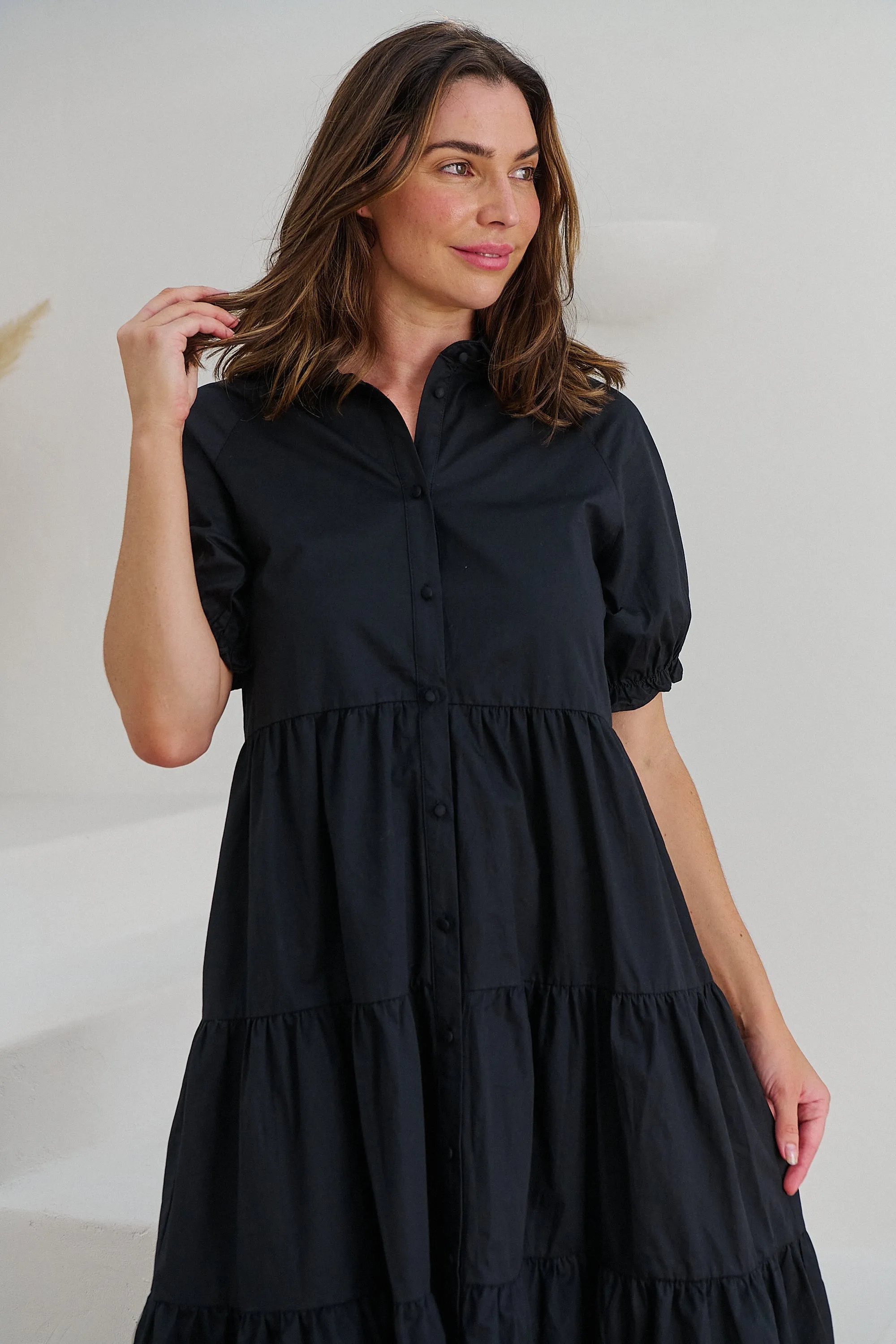 Nyomi Puff Sleeve Black Button Midi Tiered Dress