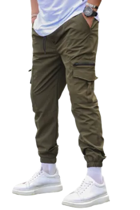 Olive Men's Cargo Elastic Bottom Jogger 2 Pockets With Zipper Slim Fit