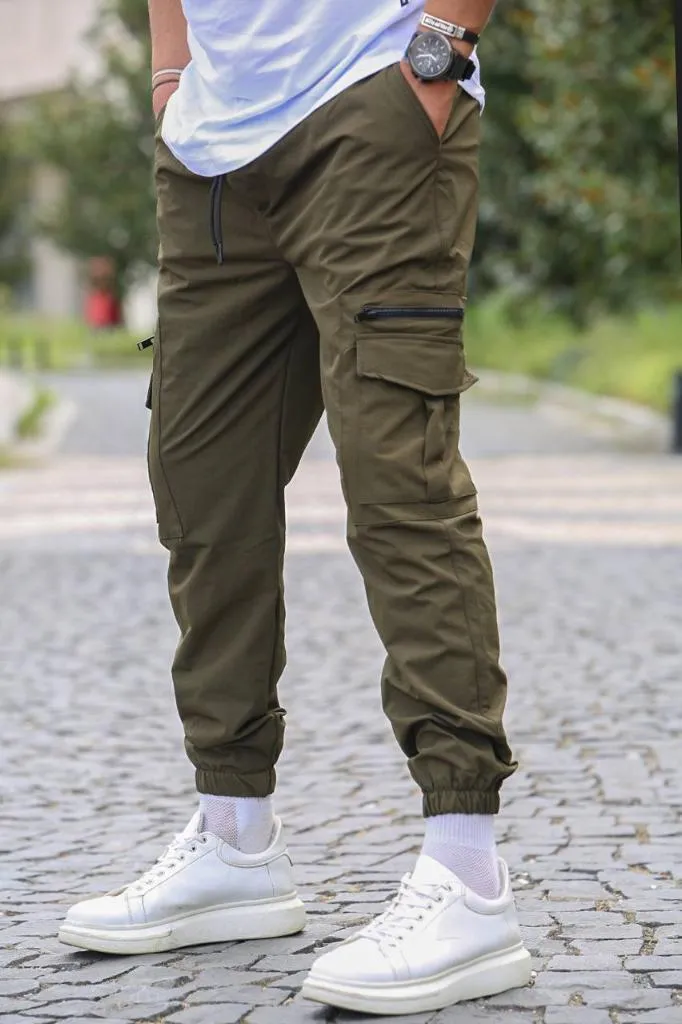 Olive Men's Cargo Elastic Bottom Jogger 2 Pockets With Zipper Slim Fit