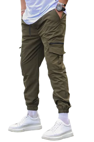 Olive Men's Cargo Elastic Bottom Jogger 2 Pockets With Zipper Slim Fit