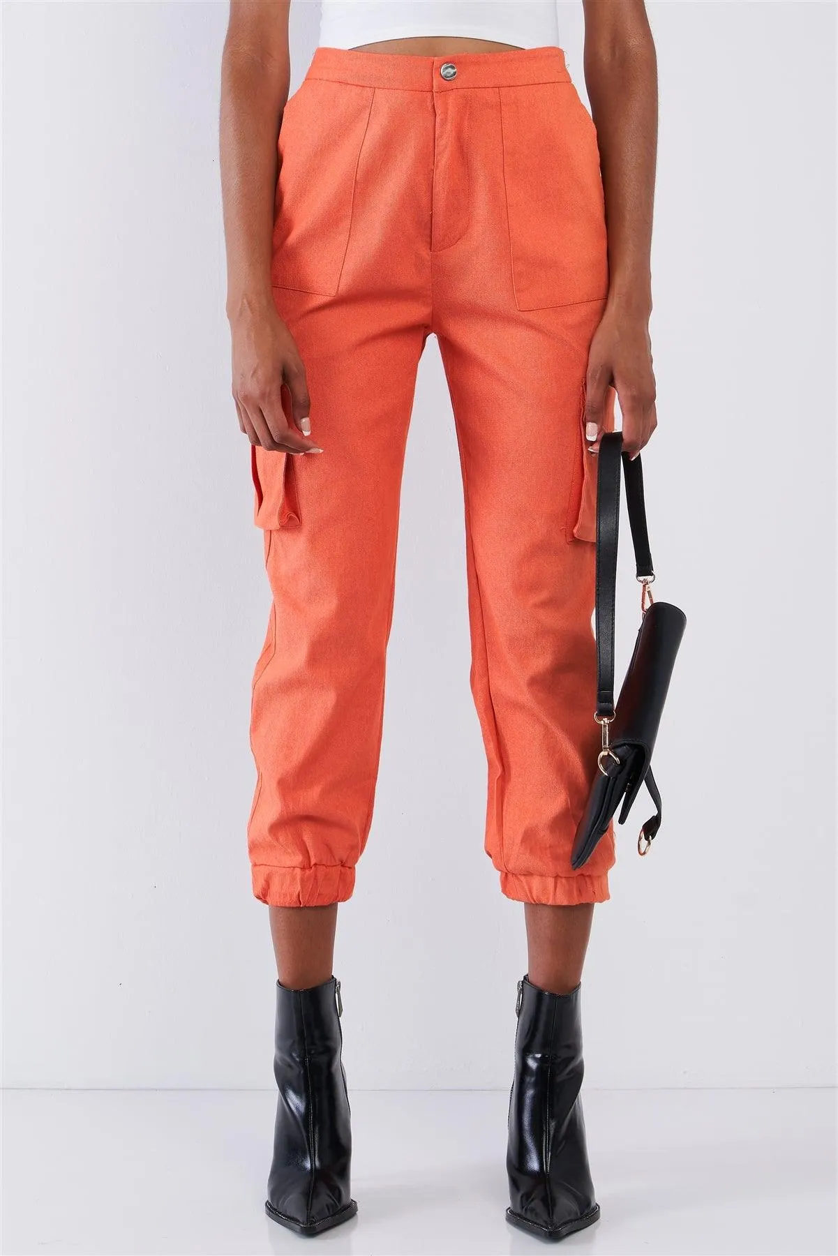 Orange High Waisted Cargo Pocket Jogger Pants