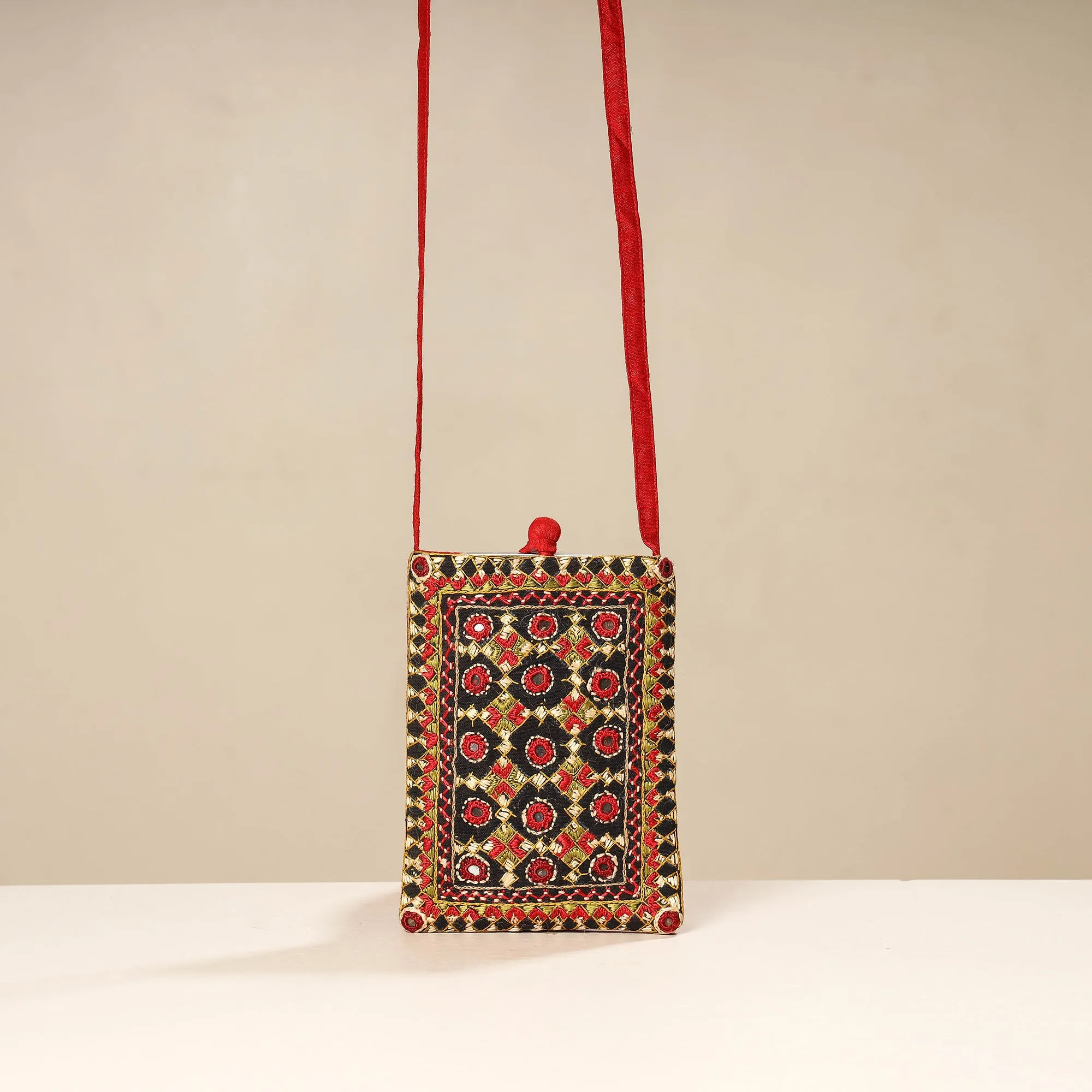 Orange - Kutch Neran Embroidery Mashru Silk Mobile Sling Bag