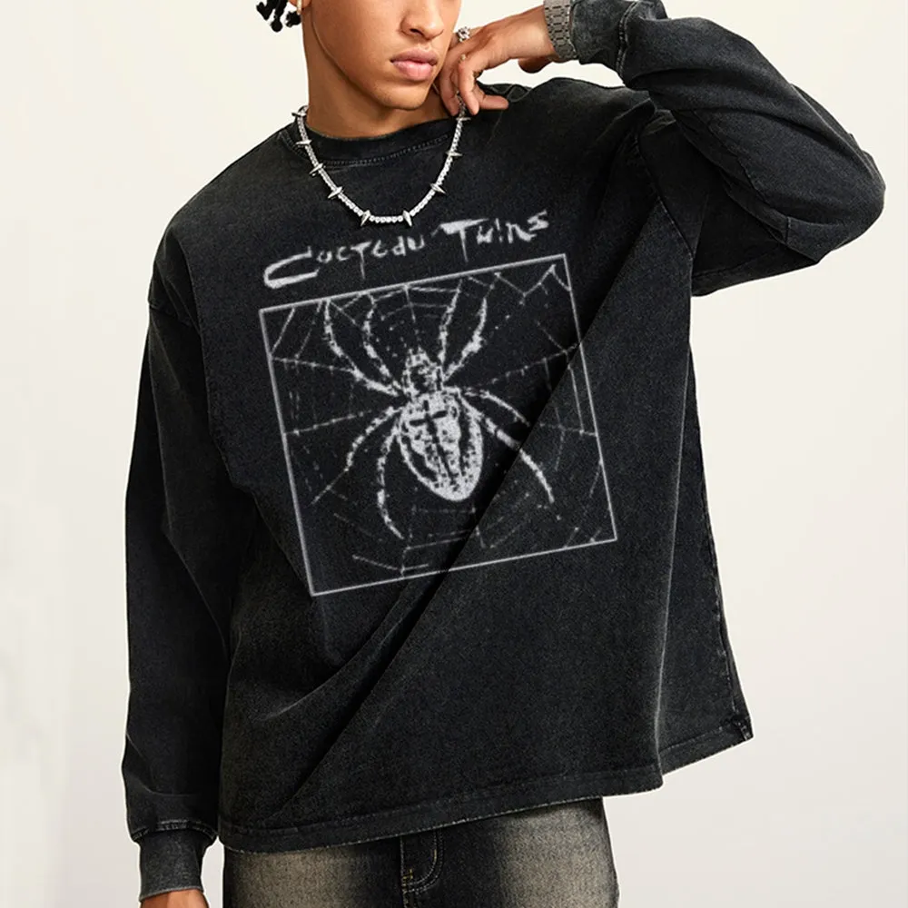 Oversized Vintage Washed Gothic Spider Graphic Sweatshirt