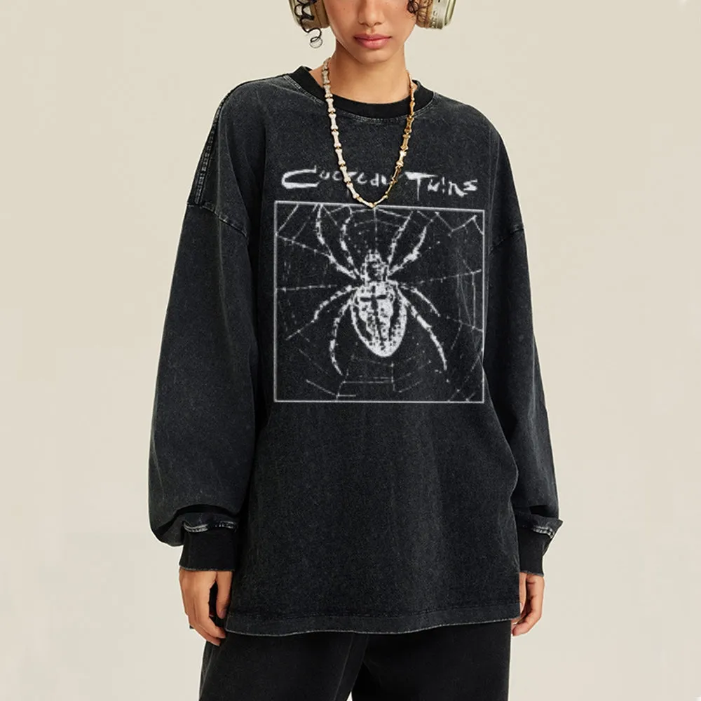 Oversized Vintage Washed Gothic Spider Graphic Sweatshirt