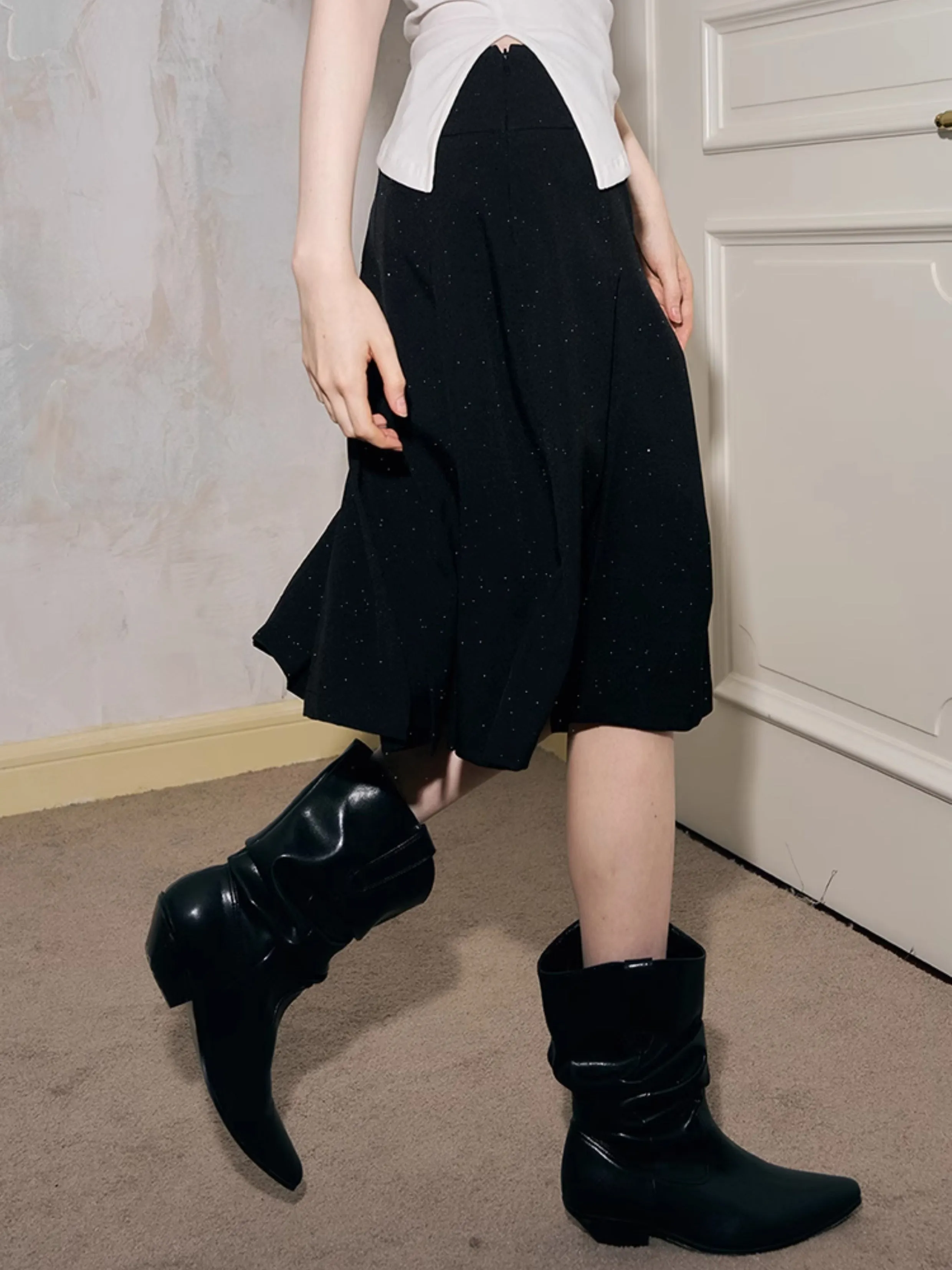 Polka Dot Tuck Pleated Midi Skirt