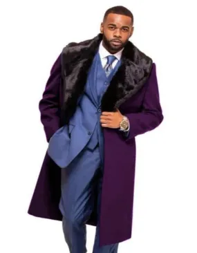 Purple Overcoat ~ Long men's Dress Topcoat - Winter coat With Fur Collar And Wool Fabric