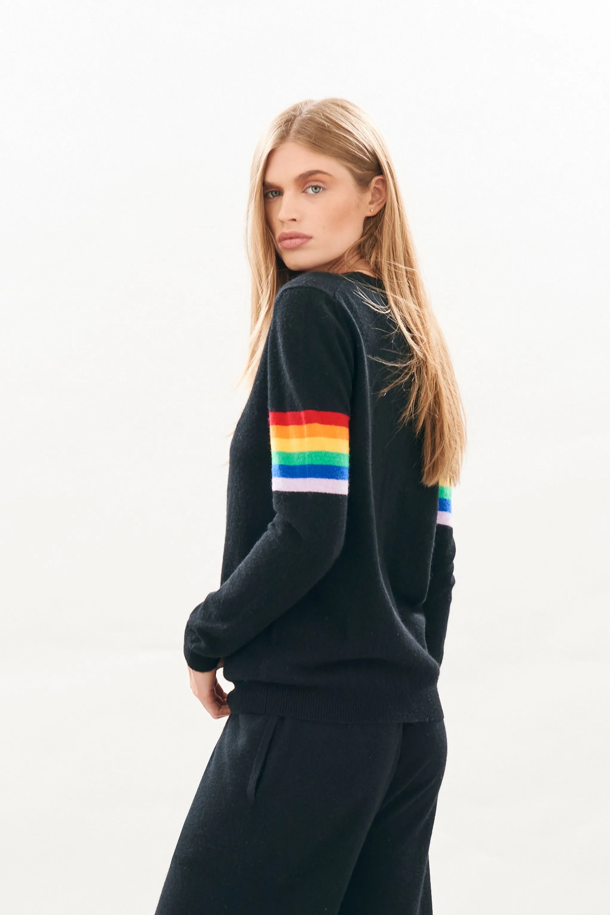 Rainbow Arms Cashmere Crew in Black