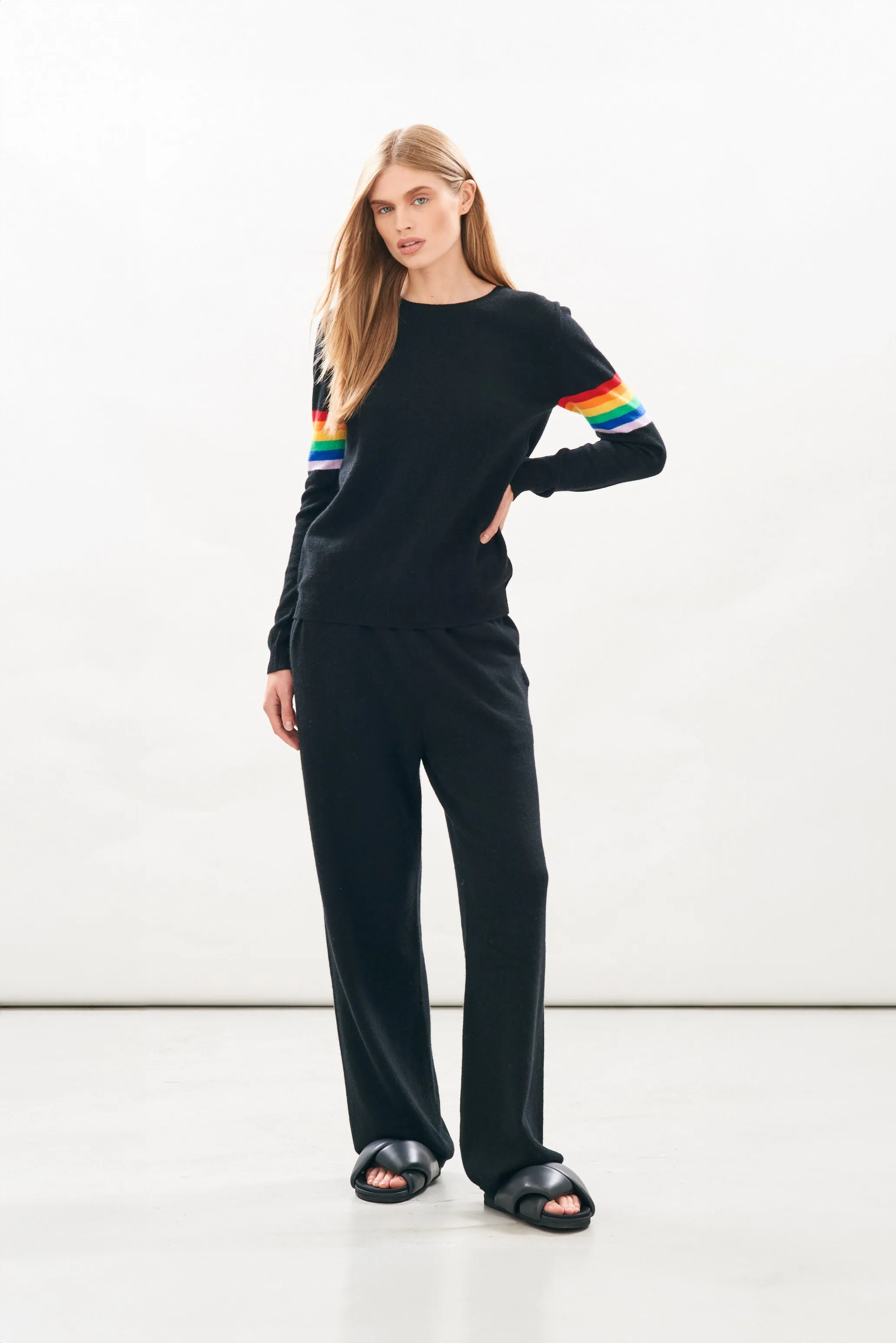 Rainbow Arms Cashmere Crew in Black