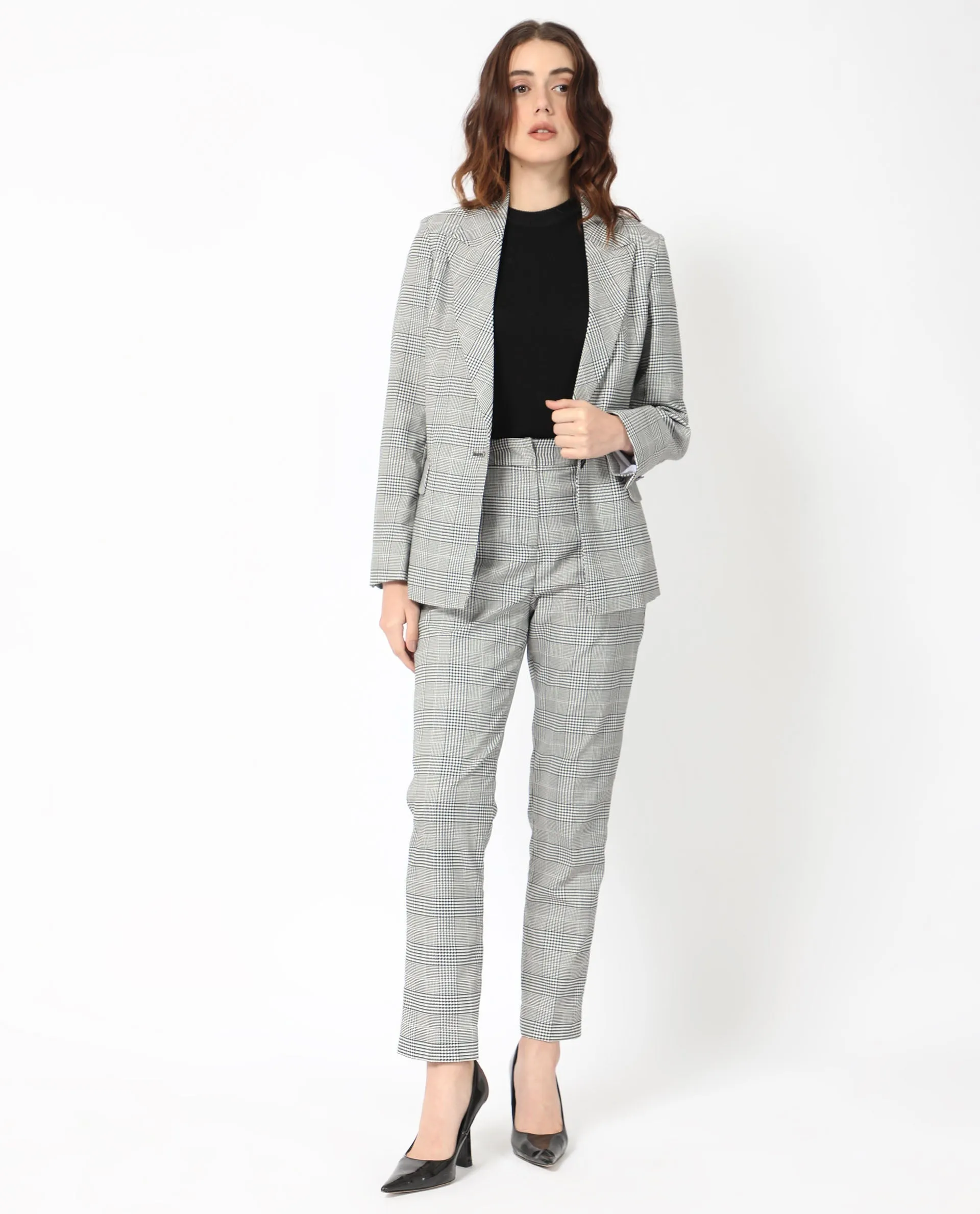 Rareism Women Tucila Black Polyester Fabric Hook And Eye Tailored Fit Checked Ankle Length Tapered Trousers