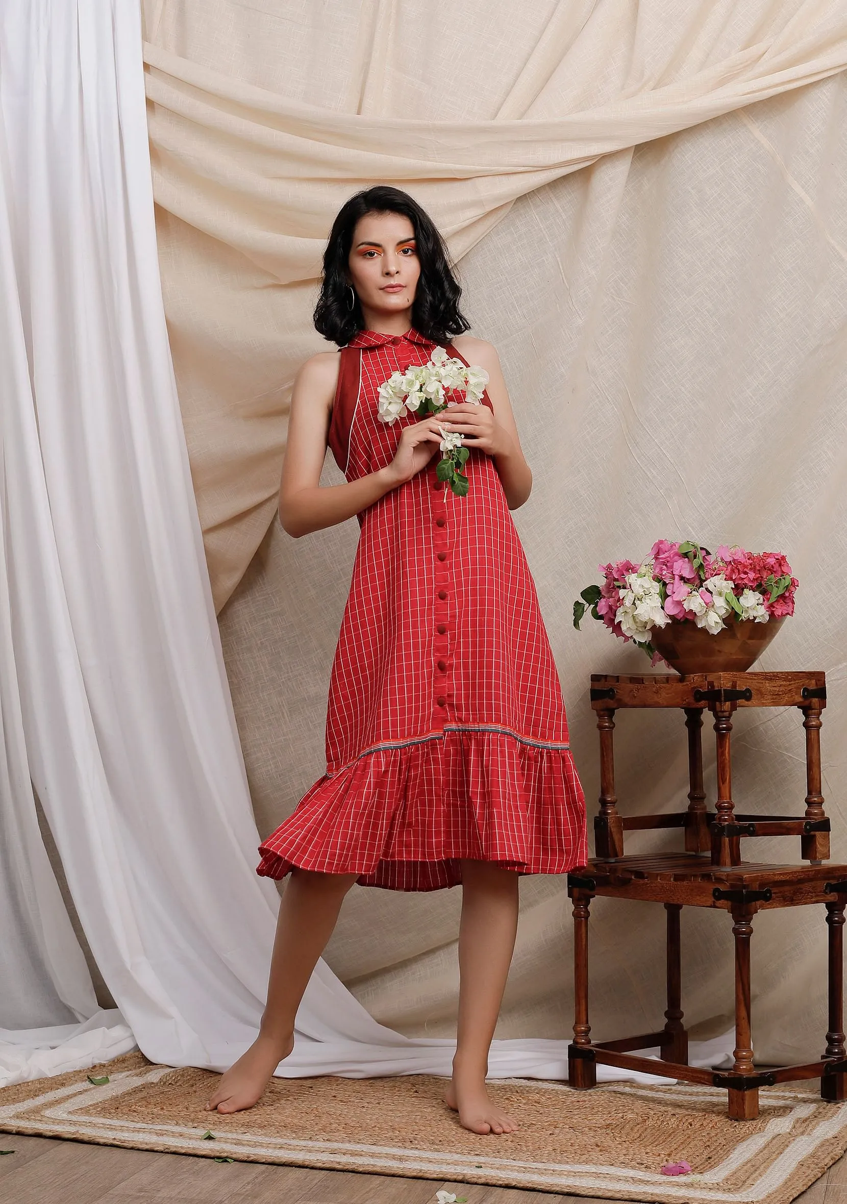 Red Gamcha With Contrast Tier Dress