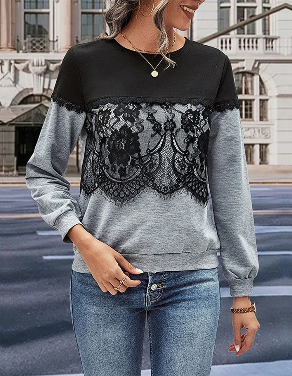 Round Neck Colorblock Stitching Long Sleeve Sweatshirt