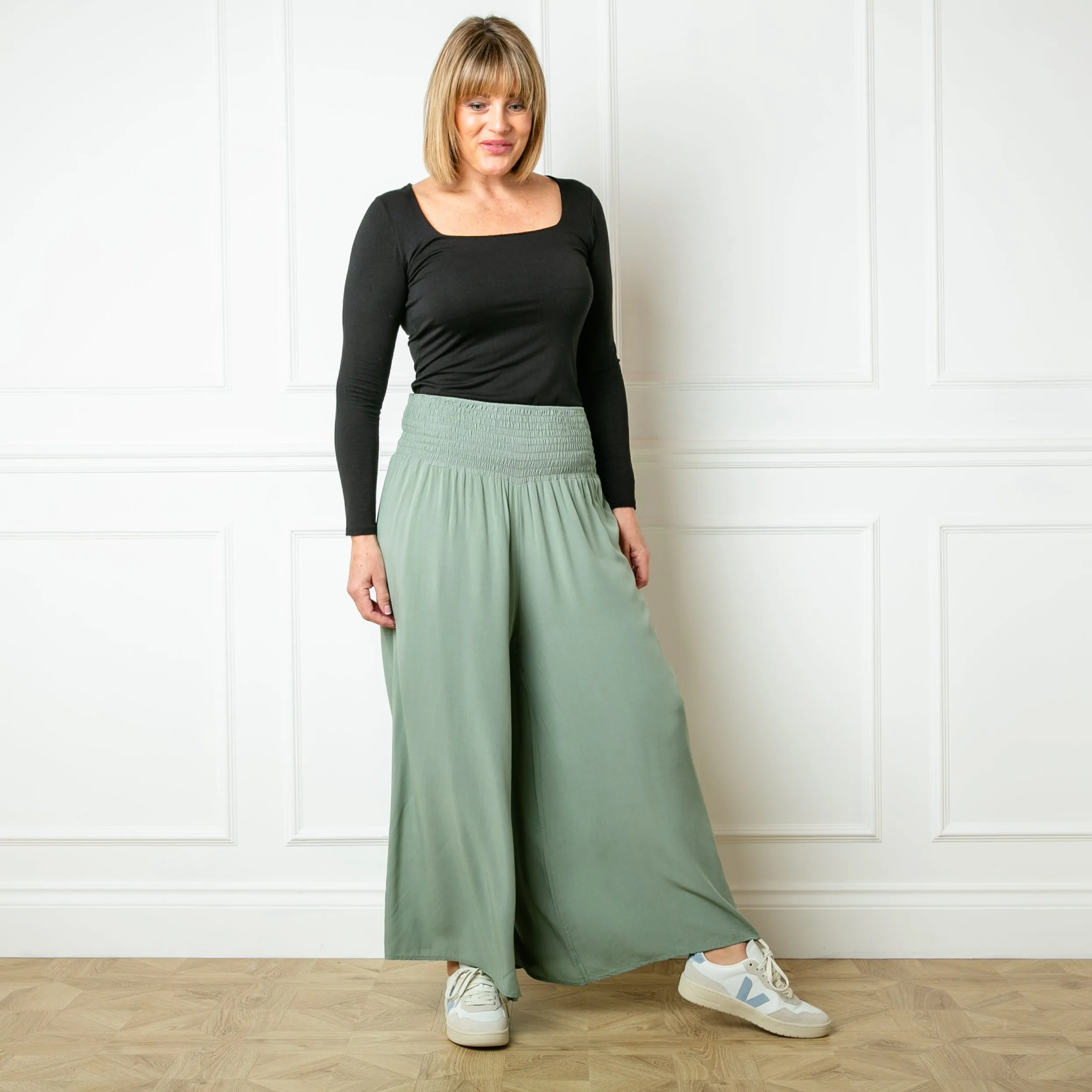 Shirred Waist Wide Leg Trousers