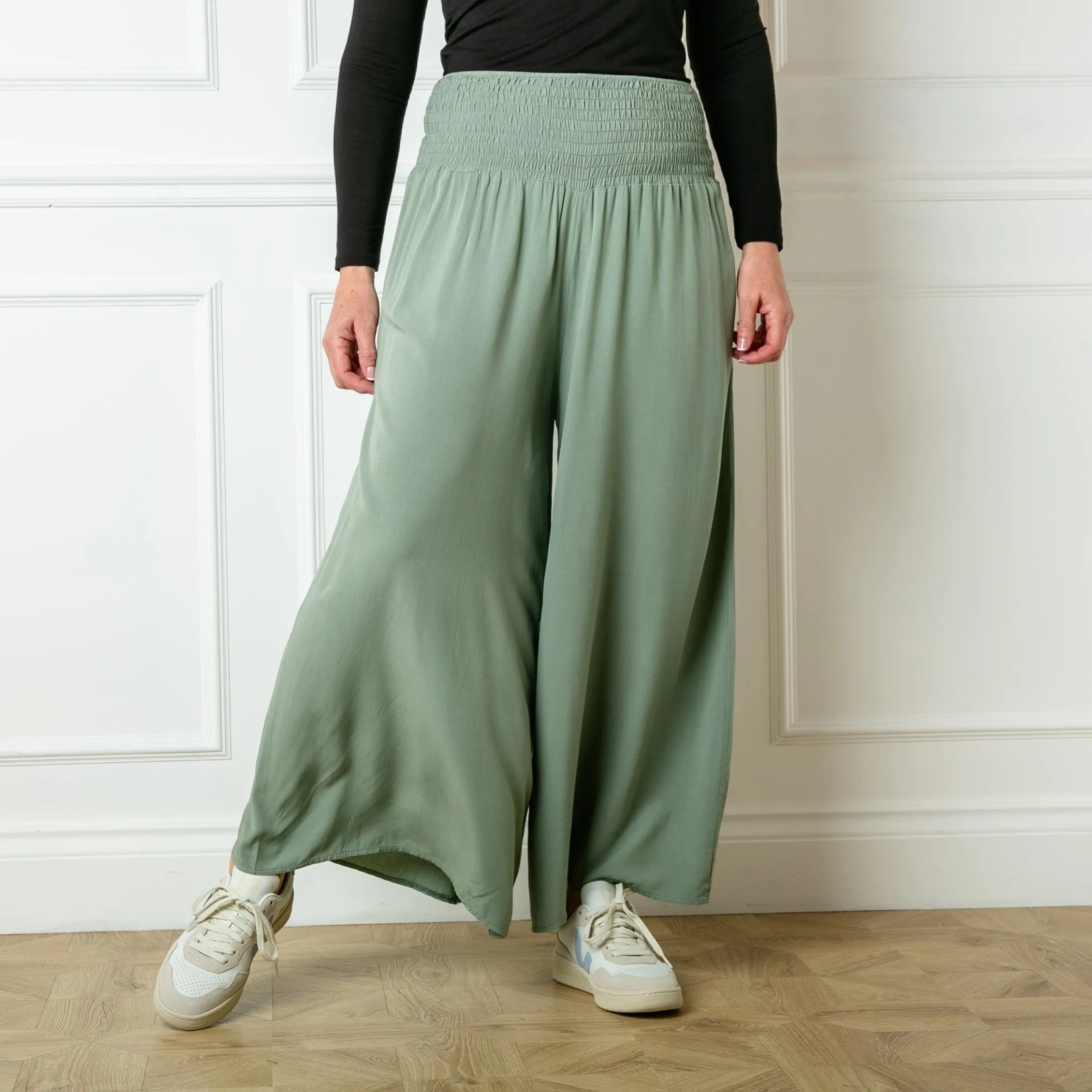 Shirred Waist Wide Leg Trousers