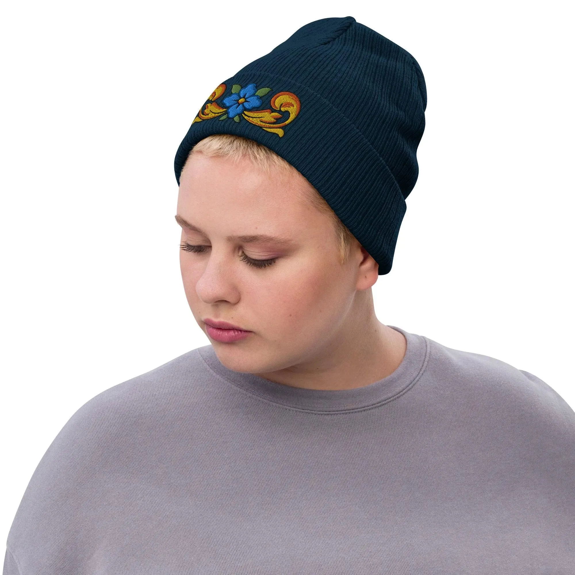 Sicilian Tile Motif Embroidered Beanie