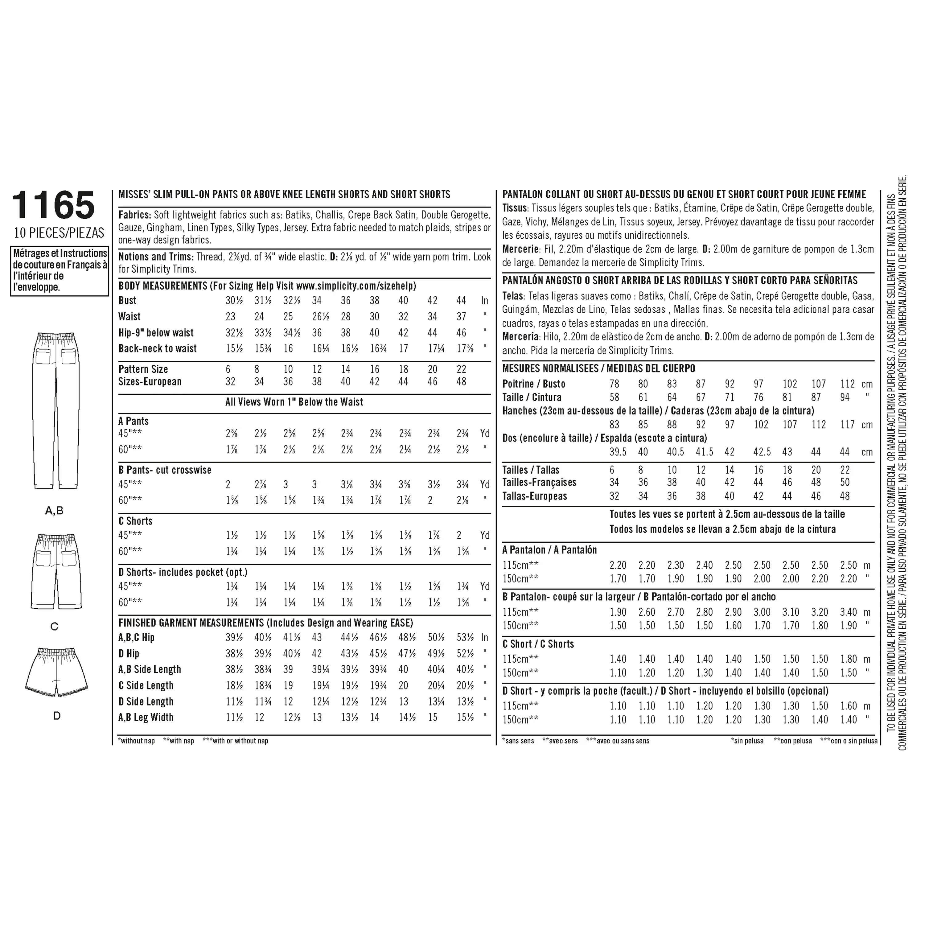 Simplicity Sewing Pattern 1165 Misses’ Pull-on Trousers, Long or Short Shorts