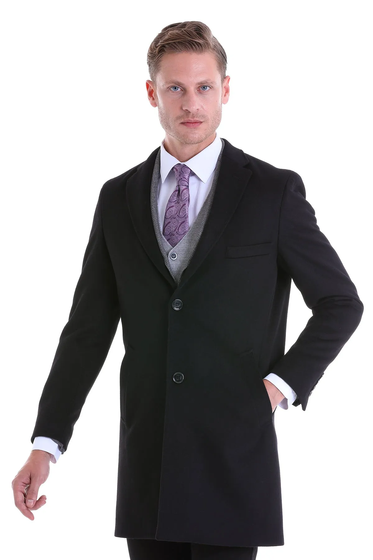 Slim Fit Notch Lapel Black Wool Blend Overcoat